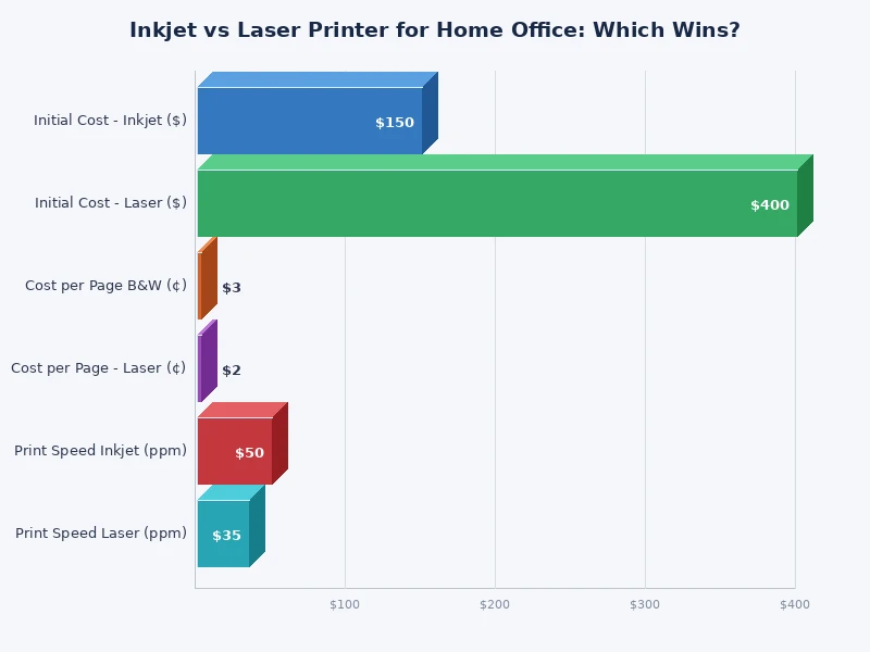 Bar chart comparing inkjet vs laser printer cost per page and print speed