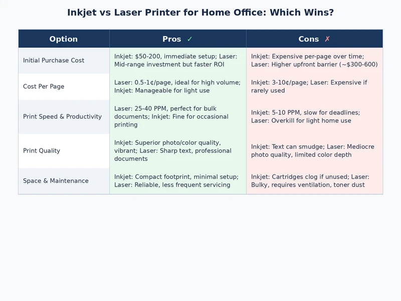 Comparison table graphic showing inkjet vs laser printer home office strengths and weaknesses