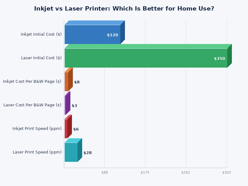 bar chart comparing inkjet vs laser printer cost per page and print speed for home use