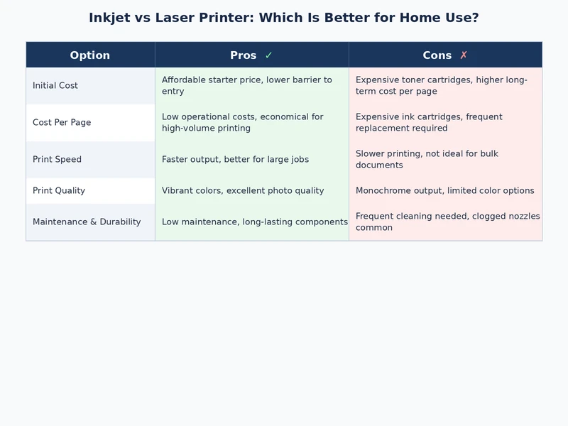 inkjet vs laser printer home use feature comparison infographic