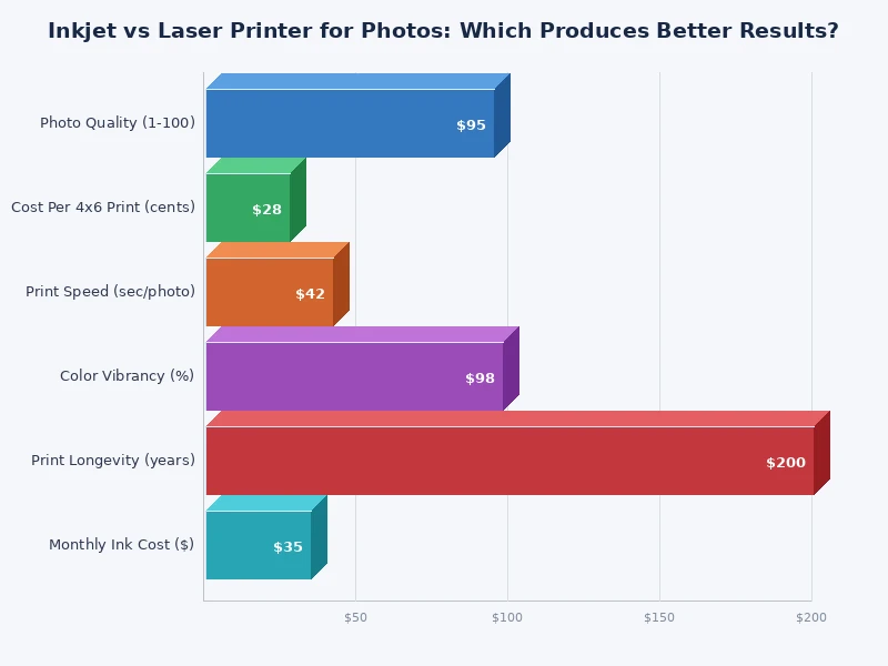 bar chart comparing inkjet vs laser printer photo quality scores across color accuracy sharpness longevity and cost