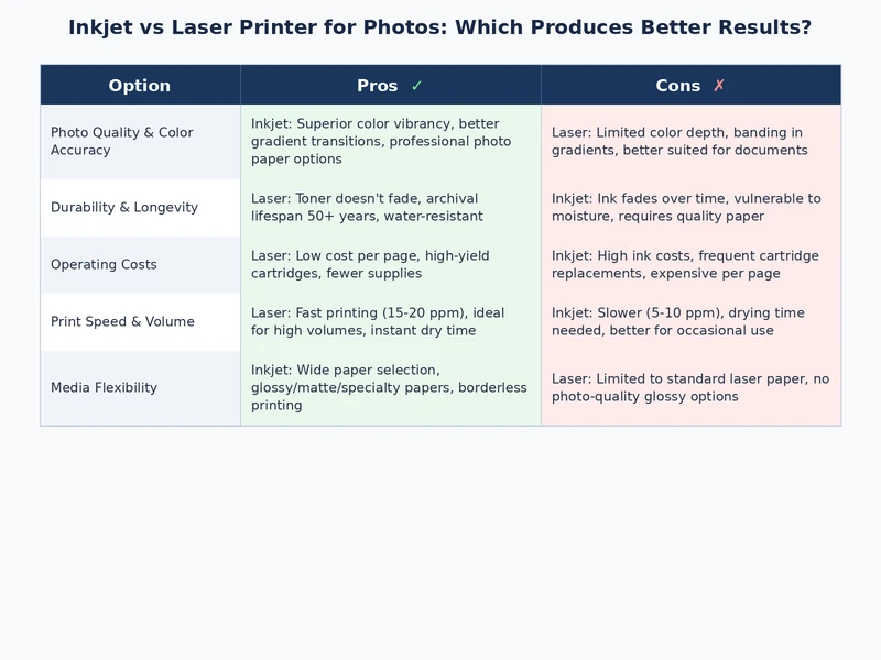 comparison table graphic showing inkjet vs laser printer for photos performance across quality cost speed and longevity categories