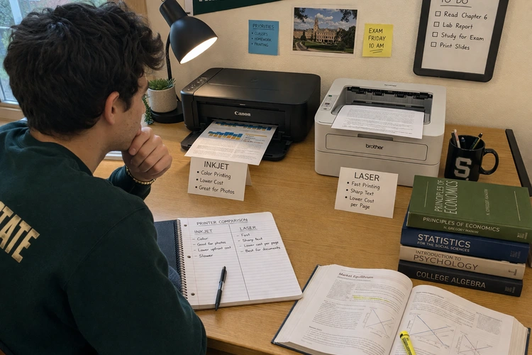inkjet vs laser printer for students side by side on a desk