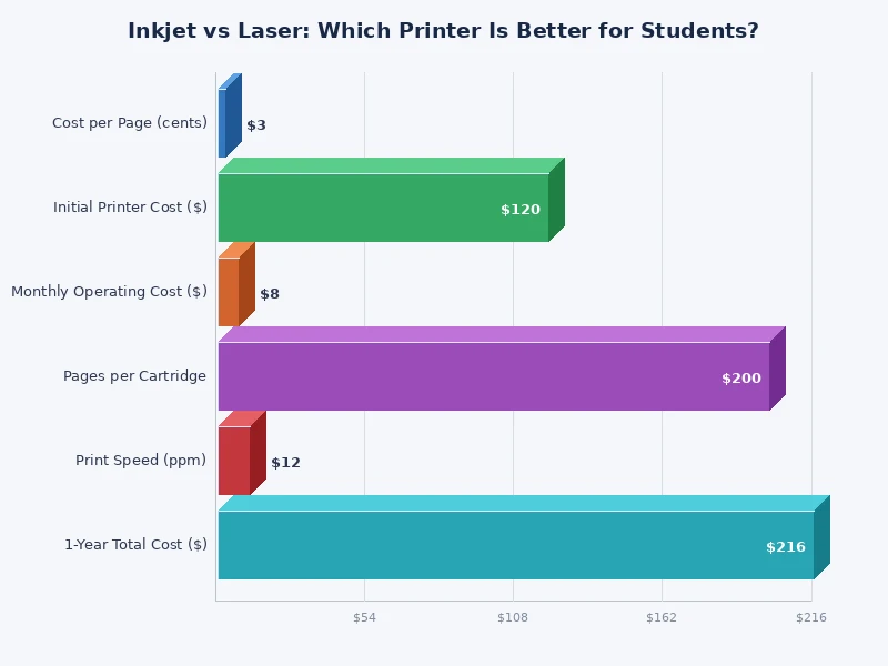 bar chart comparing inkjet vs laser printer cost per page and print speed for students