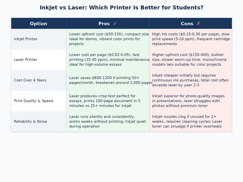 comparison table of inkjet vs laser printer specifications for student use