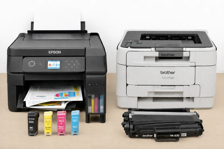 inkjet vs laser printer cost comparison side by side on a desk
