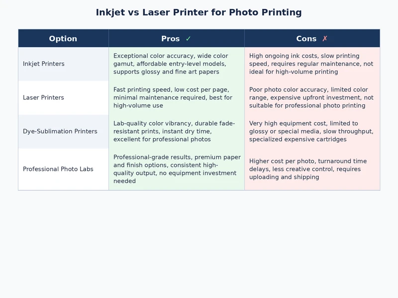 side by side comparison table inkjet vs laser printer for photo printing quality longevity cost