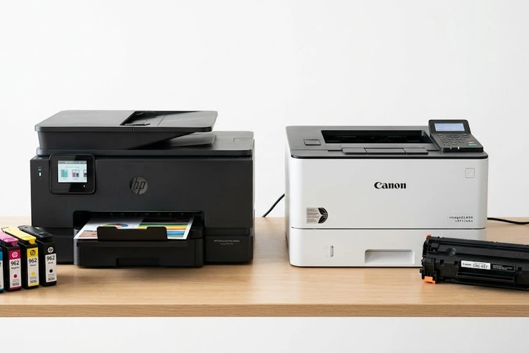 Inkjet vs laser printer running cost comparison side by side on a desk