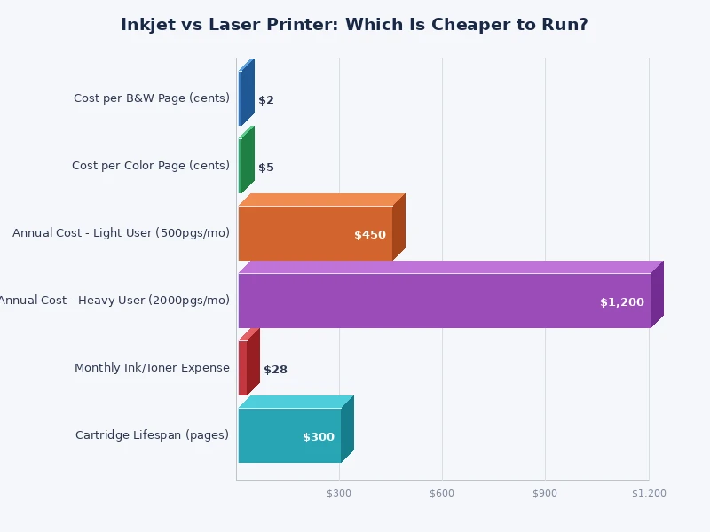 Bar chart comparing inkjet vs laser printer cost per page across different print volumes