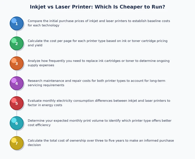 Step-by-step process diagram showing total cost of ownership calculation for inkjet and laser printers