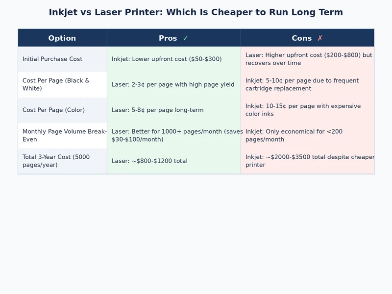 comparison table showing inkjet vs laser printer running costs across print volume scenarios