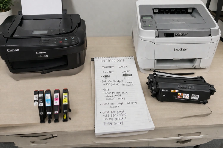 Inkjet vs laser printer total cost of ownership side-by-side comparison on a desk