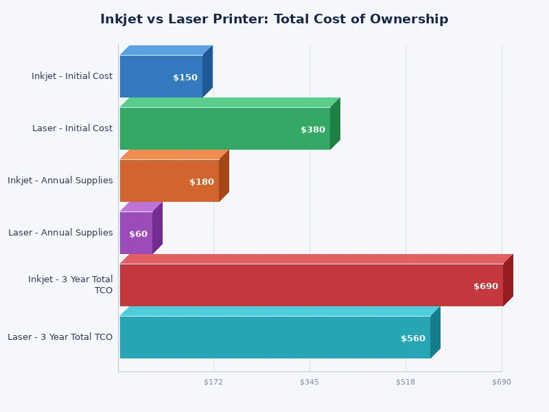 bar chart comparing inkjet vs laser printer total cost of ownership over three years