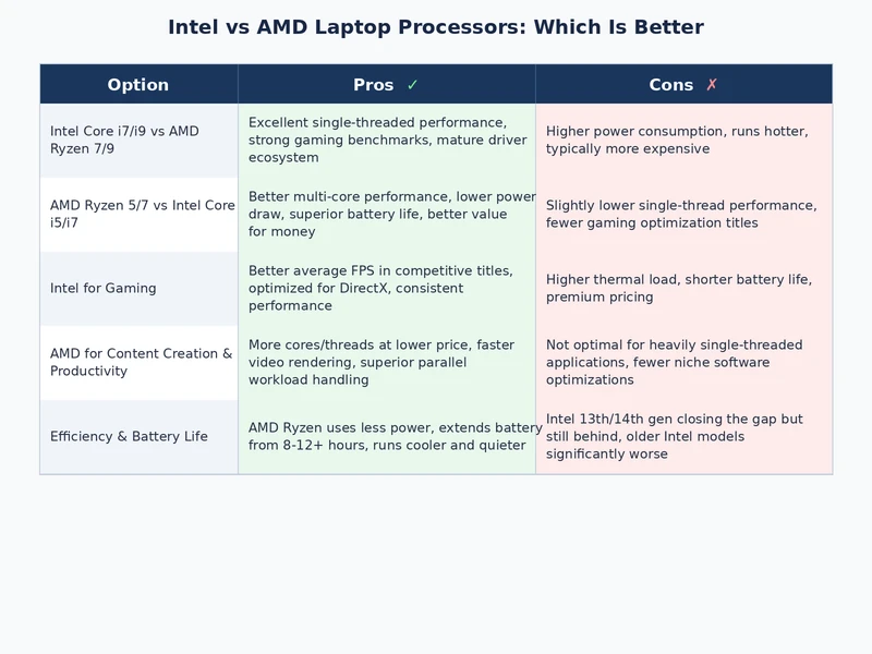 Comparison table showing Intel vs AMD laptop processor specs and features
