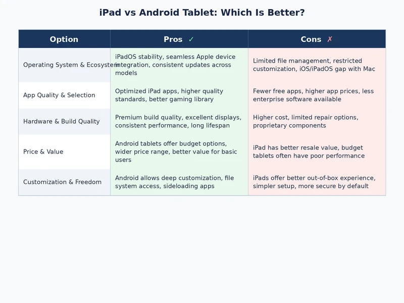 Comparison table showing iPad vs Android tablet features