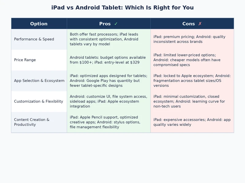 iPad vs Android tablet feature comparison chart showing ecosystem, price, and performance differences