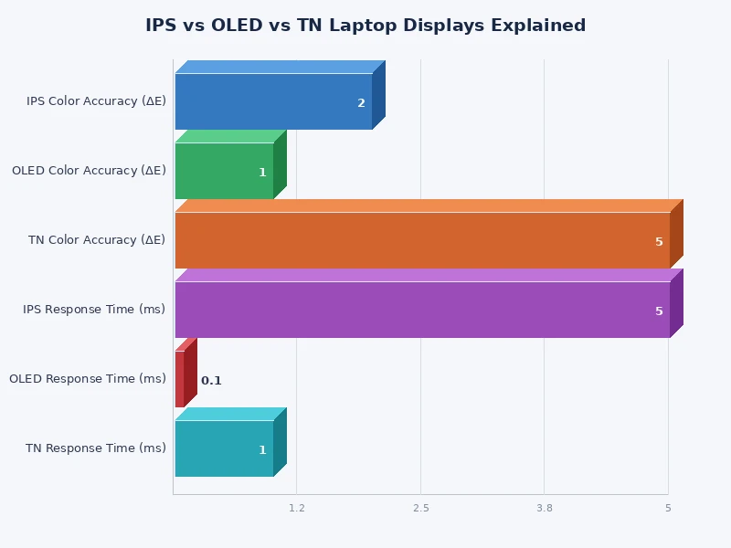 Bar chart comparing IPS vs OLED vs TN laptop display specs including contrast, color gamut, and response time