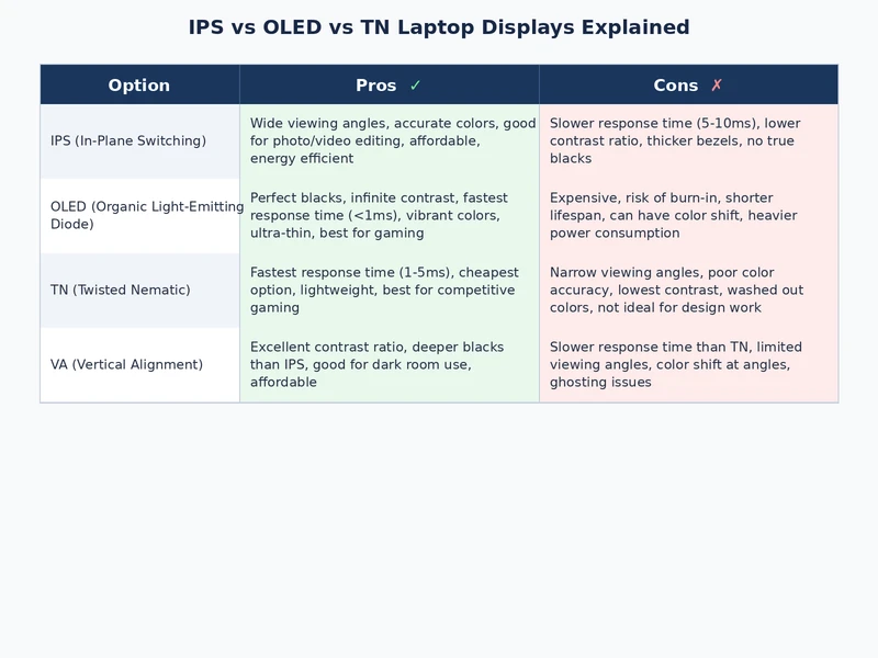 IPS vs OLED vs TN laptop display side-by-side comparison showing panel characteristics