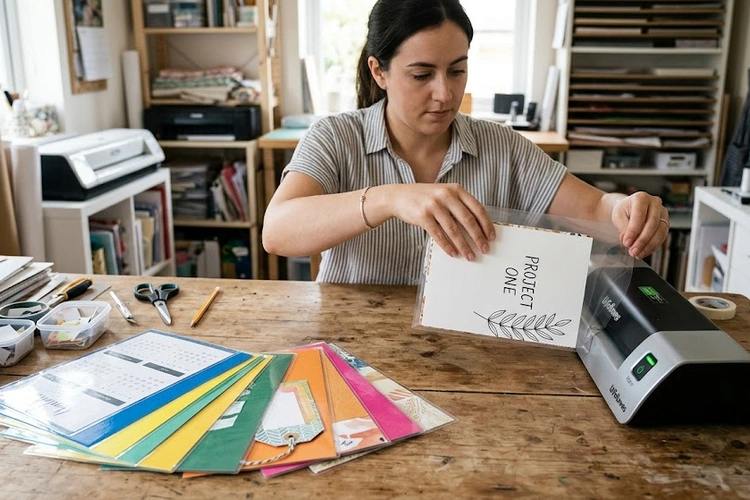 Assorted laminating pouch sizes laid out on a desk showing different dimensions