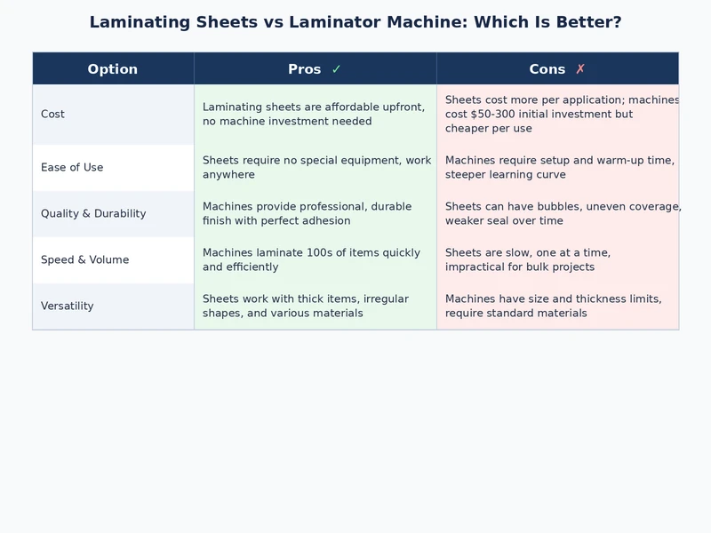 comparison chart of laminating sheets vs laminator machine durability and cost