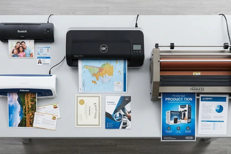how to choose a laminator — various laminator machines and pouches on a desk