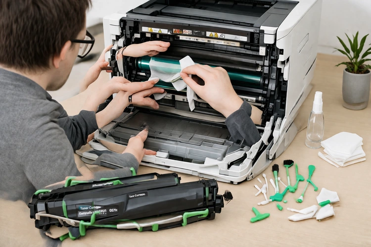 laser printer maintenance tips — cleaning and caring for a laser printer on a desk