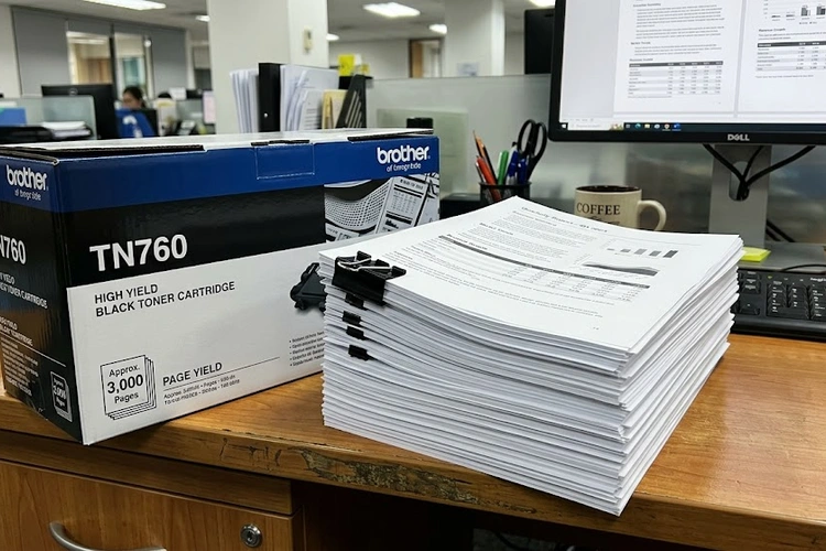 Laser printer toner cartridge with yield page count label showing laser printer toner yield pages rating