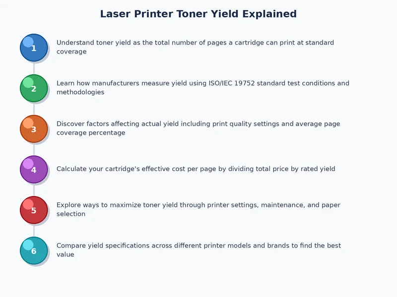 Step-by-step process diagram showing how to evaluate and maximize laser printer toner yield pages
