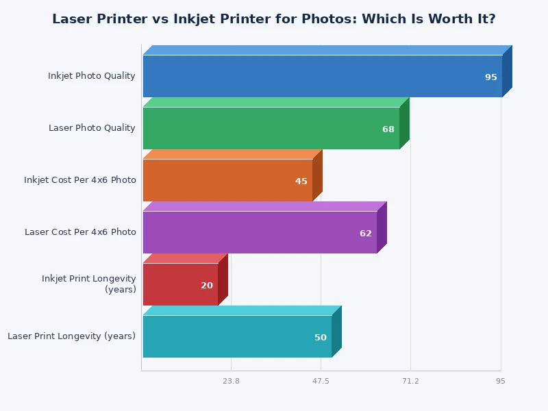 bar chart comparing laser printer vs inkjet for photos across quality, cost, and speed metrics
