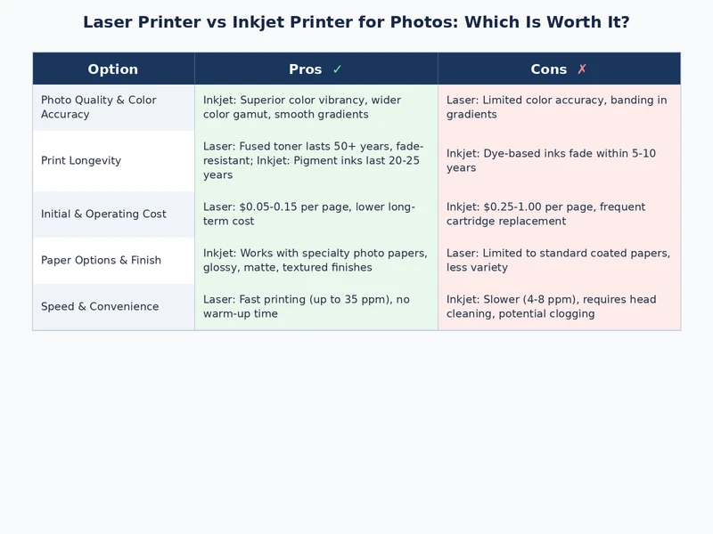 comparison chart of laser printer vs inkjet for photos showing quality and cost breakdown