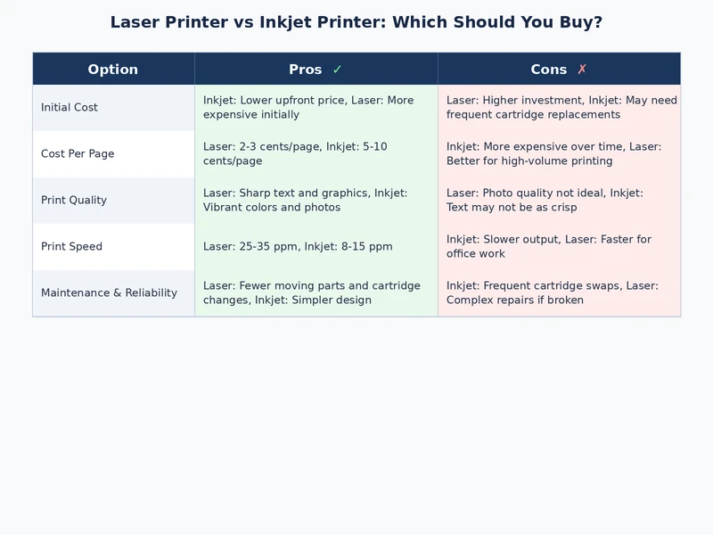 detailed comparison table laser printer vs inkjet printer features and specs