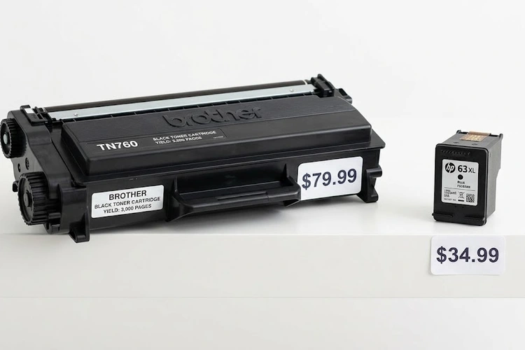 laser toner cartridge and inkjet ink bottle side by side showing cost comparison