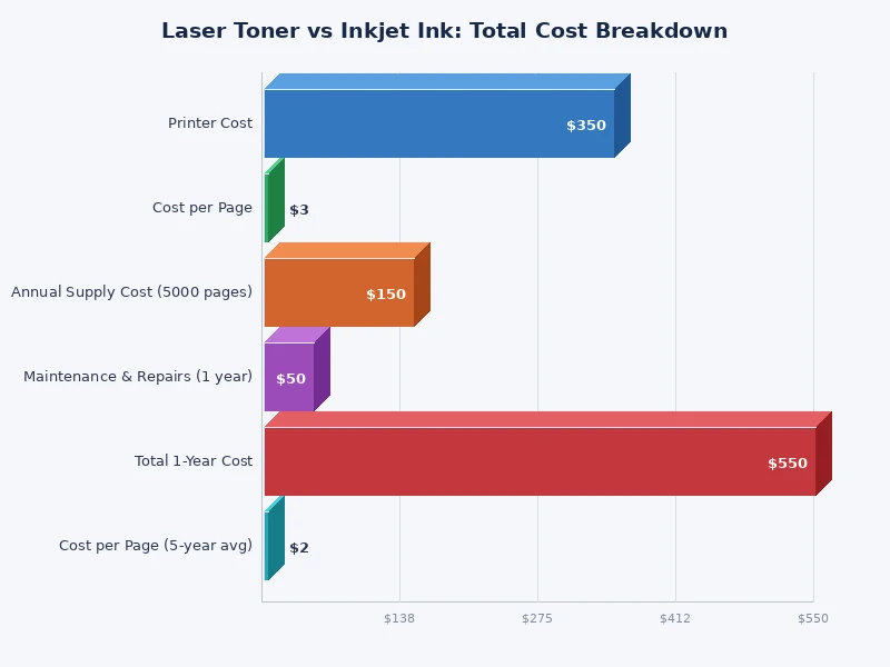 bar chart comparing inkjet vs laser toner cost per page at different monthly print volumes