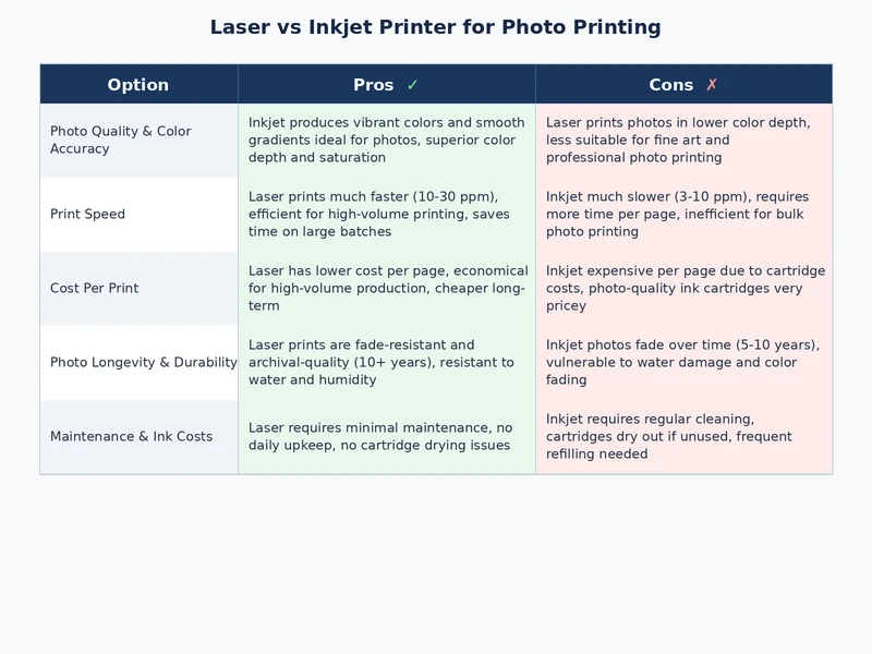 comparison table showing laser vs inkjet printer photo quality longevity and cost metrics