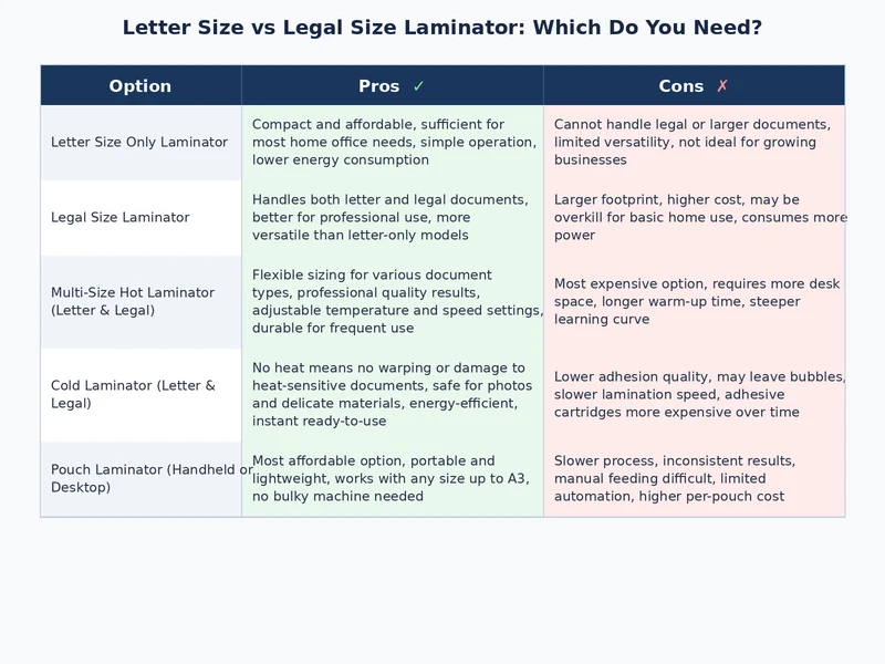 Letter size vs legal size laminator comparison table showing dimensions, pricing, and use cases