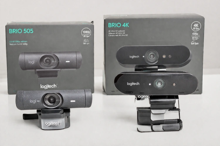 Logitech Brio 505 and Brio 4K webcams displayed side by side on a white surface with their boxes, showing the size and design differences. Neutral background for clear product comparison.