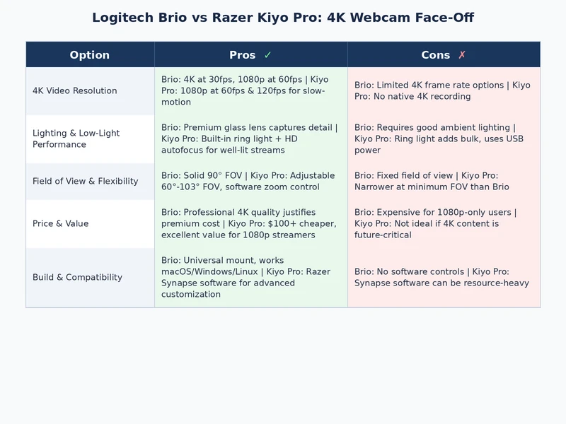 Logitech Brio vs Razer Kiyo Pro image quality comparison table showing low-light and daylight results