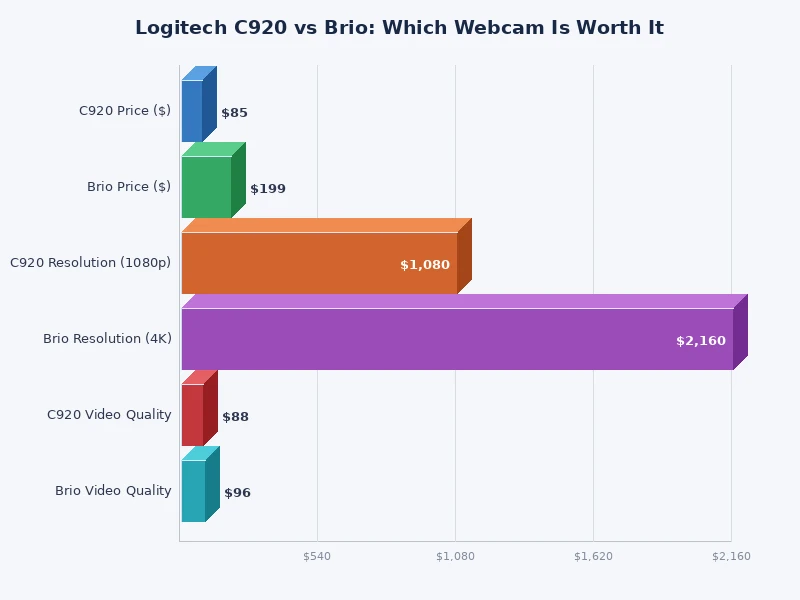 Bar chart comparing Logitech C920 vs Brio specs including resolution, frame rate, and field of view