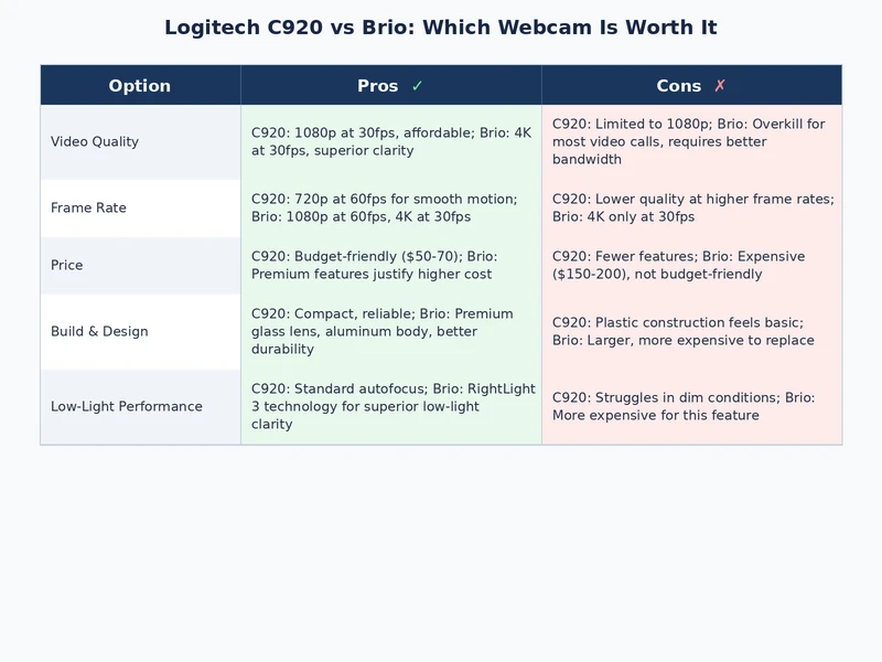 Logitech C920 vs Brio detailed comparison showing video quality, HDR, and Windows Hello features
