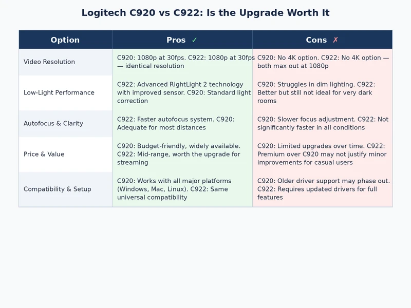 Logitech C920 vs C922 detailed comparison table showing specs, features, and use case recommendations