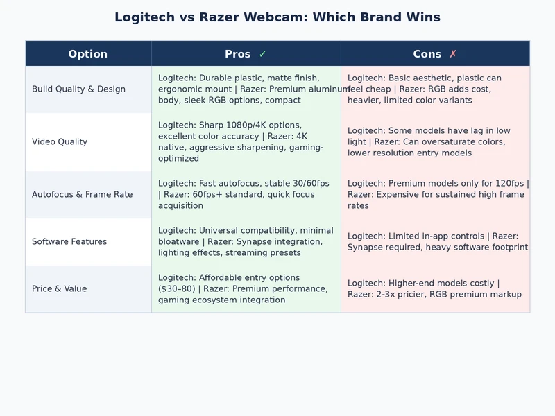 Logitech vs Razer webcam feature comparison chart showing key specs