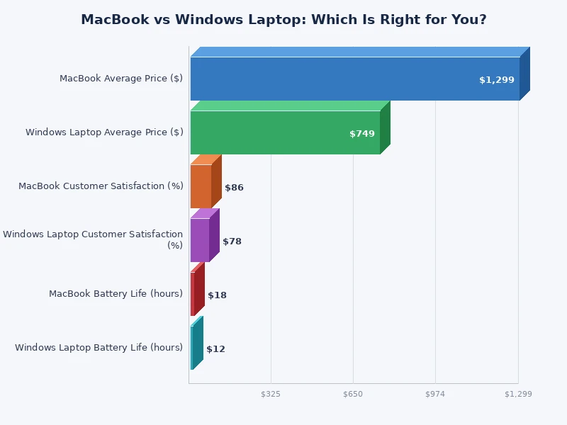 Bar chart comparing MacBook vs Windows laptop performance and battery benchmarks