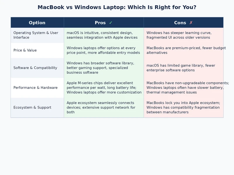 MacBook vs Windows laptop feature comparison chart showing ecosystem, price, and performance