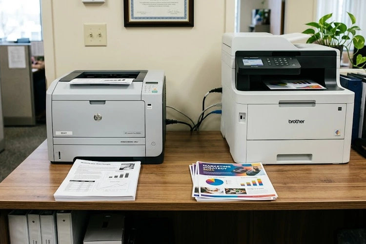 monochrome vs color laser printer side by side comparison on a desk