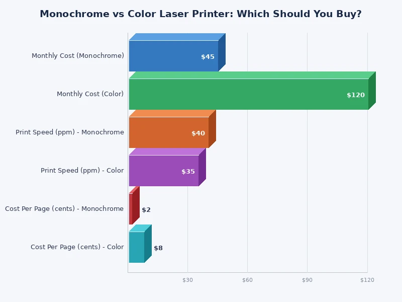 bar chart comparing monochrome vs color laser printer cost per page and print speed
