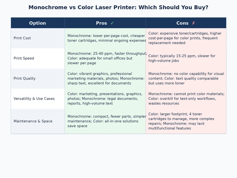 monochrome vs color laser printer comparison table of features and costs