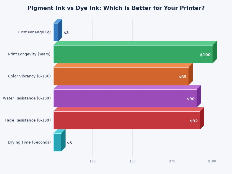 bar chart comparing pigment ink vs dye ink printer performance across key categories