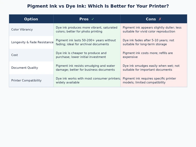 comparison diagram showing pigment ink vs dye ink printer strengths for different print types