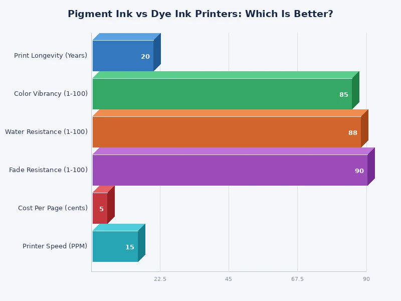 bar chart comparing pigment ink vs dye ink printer performance across key categories