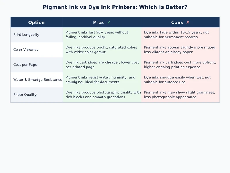 pigment ink vs dye ink printers comparison table showing longevity color vibrancy and water resistance